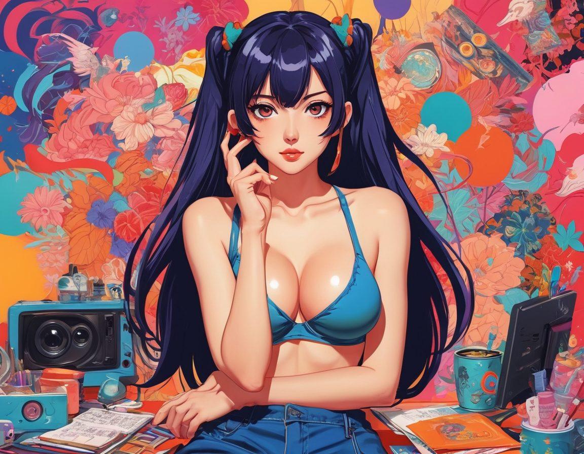 A vibrant collage depicting various aspects of the hentai community, featuring stylized characters engaged in playful and artistic scenarios, symbolizing different fetishes and fan favorites. Integrate subtle hints of anime culture, with colorful backgrounds that reflect a sense of community and creativity. Include elements like art supplies and computer screens, signifying the production side of adult entertainment. Bright, engaging colors and a dynamic layout to attract the viewer's attention. vector art. vibrant colors. dynamic composition.